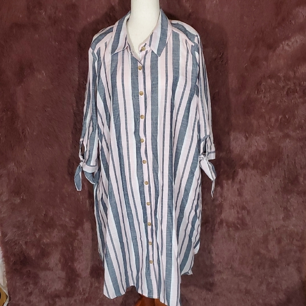 Mlle Gabrielle Blue and White Striped Button-Front Shirt Dress